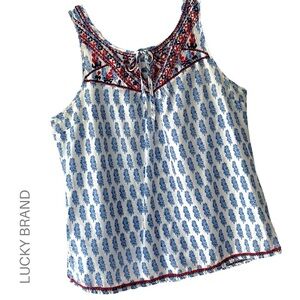 LUCKY BRAND | EMBROIDERED COTTON TOP LIKE NEW BUTTON UP BACK RED BLUE | LARGE